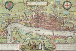 London térképe, Georg Braun (1542-1622) és Frans Hogenburg (1635-90) „Civitates Orbis Terrarum”-ból, 1572 körül (lásd még: 51896 és 58543)