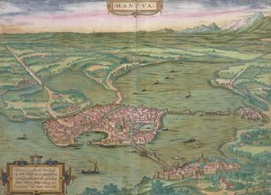 Mantova térképe, Georg Braun (1541-1622) és Frans Hogenberg (1535-90) „Civitates Orbis Terrarum” című művéből, 1575 alkotó: Joris Hoefnagel