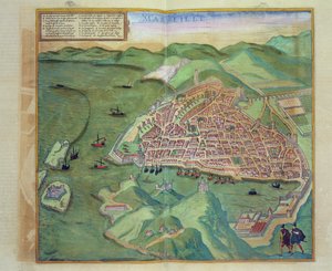 Marseille térképe, Georg Braun (1541-1622) és Frans Hogenberg (1535-90) „Civitates Orbis Terrarum” című művéből, 1572 körül (színes metszet)
