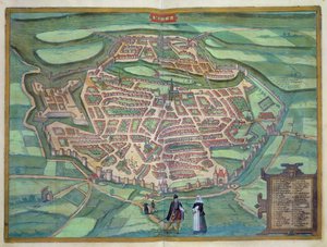 Metz térképe, Georg Braun (1541-1622) és Frans Hogenberg (1535-90) „Civitates Orbis Terrarum” című művéből, 1572 körül (színes metszet)