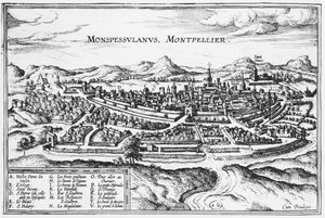 Montpellier térképe, Georg Braun (1541-1622) és Frans Hogenberg (1535-90) „Civitates Orbis Terrarum”-ból, Brüsszel, 1574 (lásd még: 121038)