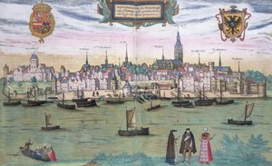 Nijmegen térképe, Georg Braun (1541-1622) és Frans Hogenburg (1535-90) "Civitates Orbis Terrarum" című művéből, 1572 körül.