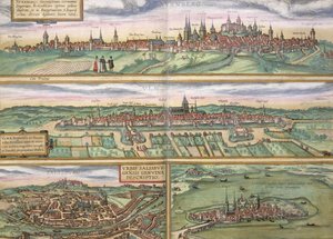 Nürnberg, Ulm és Saltzburg térképe, Georg Braun (1541-1622) és Frans Hogenberg (1535-90) „Civitates Orbis Terrarum” című művéből, 1572 körül (színes metszet)