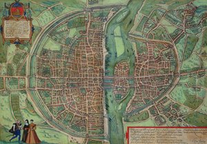 Párizs térképe, Georg Braun (1541-1622) és Frans Hogenberg (1535-90) „Civitates Orbis Terrarum” című művéből, 1572 körül (színes metszet)
