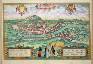 Salzburg térképe, Georg Braun (1541-1622) és Frans Hogenberg (1535-90) „Civitates Orbis Terrarum” c. 1572-1617