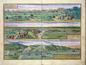 Sevilla, Cadiz és Malaga térképe Georg Braun (1541-1622) és Frans Hogenberg (1535-90) „Civitates Orbis Terrarum” című művéből, 1572 körül