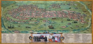 Velence térképe, Georg Braun (1541-1622) és Frans Hogenberg (1535-90) "Civitates Orbis Terrarum" című művéből, 1572 körül.