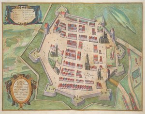 Zamosc térképe, Georg Braun (1541-1622) és Frans Hogenberg (1535-90) "Civitates Orbis Terrarum" című művéből, 1572-1617 körül.