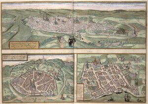 Rouen, Nimes és Bordeaux várostervei, Georg Braun (1541-1622) és Frans Hogenberg (1535-90) "Civitates Orbis Terrarum" című művéből, 1572 körül. alkotó: Joris Hoefnagel