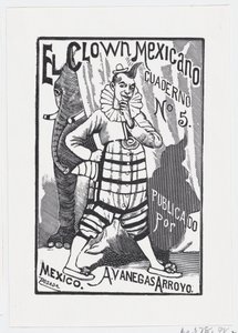 Egy bohóc áll a csípőre tett kézzel, és egy elefánt néz ki hátulról..., kb. 1880-1910. alkotó: José Guadalupe Posada