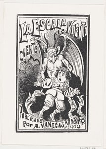 Egy démon, aki egy fiatal fiút tart a vállánál fogva egy csoport keselyű fölött, illusztráció..., kb. 1880-1910. alkotó: José Guadalupe Posada