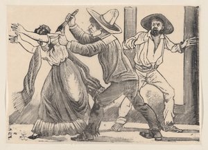 Egy férfi megragad egy nőt a ruhaujjánál, és leszúrja a „The kill...” (1891) című széles oldalról. alkotó: José Guadalupe Posada