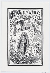 Egy férfi feltart egy darab szövetet a Szűz képével, illusztráció: ..., kb. 1880-1910. alkotó: José Guadalupe Posada