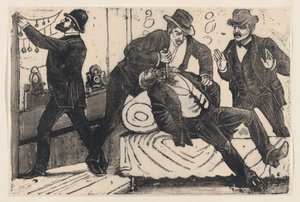 Egy férfi mellkason szúrt egy másik férfit, miközben társai kifosztottak egy üzletet egy..., kb. 1890-1891. alkotó: José Guadalupe Posada