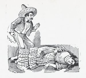 Egy férfi fegyverrel áll egy nő fölött, akit éppen lelőtt, kb. 1880-1910., kb. 1880-1910. alkotó: José Guadalupe Posada