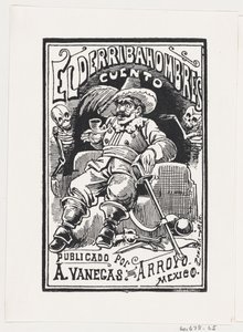 Egy férfi fegyverrel és pipával a szájában, két csontváz mellett, illusztráció..., kb. 1880-1910. alkotó: José Guadalupe Posada