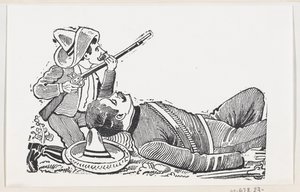Egy puskát tartó forradalmár letérdelve megvéd egy elesett forradalmárt, c..., kb. 1880-1910. alkotó: José Guadalupe Posada