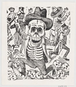 Egy csontváz csontot tartva, és átugrik egy halom koponyán, miközben az emberek menekülnek, fr..., kb. 1907. alkotó: José Guadalupe Posada