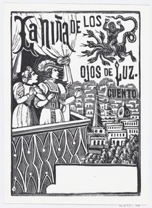 Egy nő és egy férfi az erkélyen állva felnéz egy repülő szörnyre az égen..., kb. 1880-1910. alkotó: José Guadalupe Posada