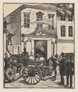 Tűzoltók oltottak tüzet egy házban, tűzoltóautó az előtérben, kb. 1880-1910., kb. 1880-1910. alkotó: José Guadalupe Posada