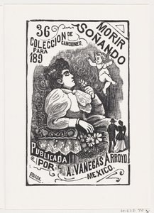 Egy nő profilja egy széken hátrahajtott fejjel, és virágot tart, il..., kb. 1890. alkotó: José Guadalupe Posada