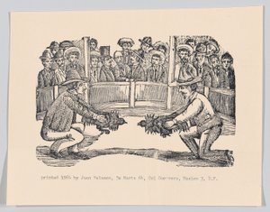 Két férfi az arénában kakasokkal harcra készülve, spe..., kb. 1890-1910, újranyomva 1964. alkotó: José Guadalupe Posada