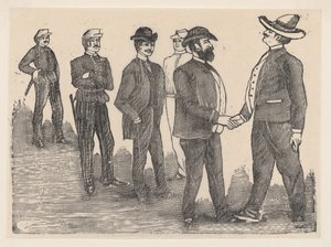 Két férfi kezet fog az előtérben, és tisztek figyelik őket a háttérben..., kb. 1880-1910. alkotó: José Guadalupe Posada