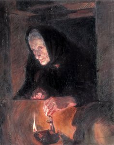 Az öreg hölgynél van az olajlámpa. Jose BENLLIURE ORTIZ (1884-1916) festménye Olaj, vászon. Valencia. Bellas Artes San Pio V. Múzeuma. alkotó: Jose Benlliure Ortiz