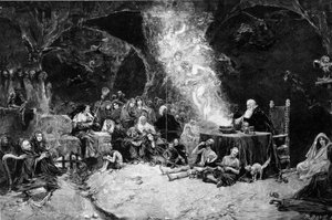 Szombati jelenet, egy varázsló vezeti a szertartást, aki egy varázslatos üstben lényeket idéz meg. Boszorkányok jelennek meg. Jose Benlliure y Gil (1855-1937) rajzából