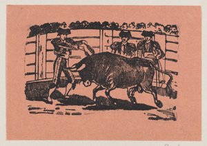 Ein Torero platziert Banderillas in die Schultern des Stiers, während zwei Männer hinter dem Stier stehen alkotó: José Guadalupe Posada