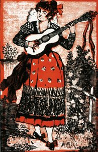 Egy gitáros mexikói nőt ábrázoló énekeskönyv borítója. Jose Guadalupe POSADA (1852-1913) metszete. Metszés alkotó: José Guadalupe Posada