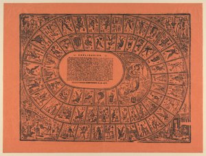 Gänsespiel (mit den Regeln in der Mitte gedruckt) alkotó: José Guadalupe Posada