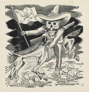 Emiliano Zapata nagy koponyája, 1911-16 körül, 1930-ban nyomtatva (fotó-domborműves metszet) alkotó: José Guadalupe Posada