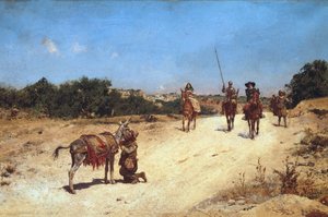 Sancho Panza és szamara, Rucio találkozása, Don Quijote illusztrációja, 1878 körül (olaj, vászon) alkotó: Jose Moreno Carbonero