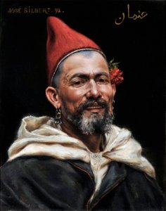 Férfi marokkói portré áttört fülekkel, piros kalappal, virággal a fülében és tetoválással a templomon 1892 (festmény) alkotó: Jose Silbert