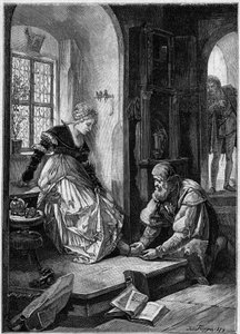 Éva Hans Sachs műhelyében (A „Die Meistersinger von Nurnberg” opera III. felvonása, franciául Richard Wagner „Nürnbergi mesterénekesei”, 1868-ban) Joseph Fluggen festménye alapján. Metszet a „The Illustrous World”-ben alkotó: Josef Fluggen