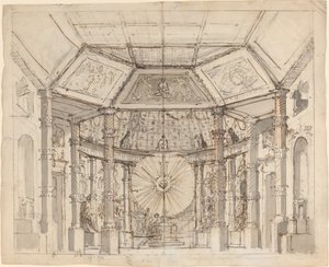 Színpadterv kupolás templombelsőhöz napkoronggal az oltár felett alkotó: Josef Ignáz Platzer