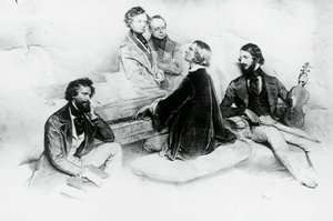 Matiné Liszt otthonában, balról jobbra, Kriehuber, zeneszerző Hector Berlioz (1803-1869), Carl Czerny (1791-1857) Liszt tanára, Liszt Ferenc (1811-1866) és Heinrich Wilhelm Ernst hegedűművész (1840-1865), Liszt Josef Kriehuber (1800-1876)