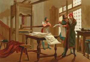 Gutenberg kinyomtatja a Biblia első oldalát alkotó: Josep or Jose Planella Coromina