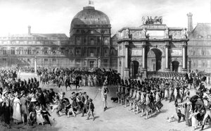 Katonai szemle ábrázolása az első francia birodalom idején 1810-ben, a Tuileriák előtt. 1862 (olaj, vászon) alkotó: Joseph Louis Hippolyte Bellange