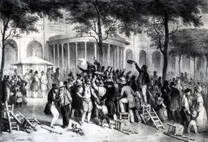 A Newspaper Moniteurben megjelent határozatok felolvasása a párizsi királyi palota kertjében, július 26. alkotó: Joseph Louis Hippolyte Bellange