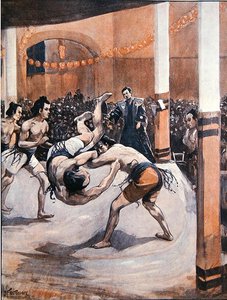 Hagyományos japán birkózás: Szumóbirkózók mutatják be művészetüket az 1910-es londoni japán kiállításon (színes lithó).