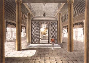 Egy katona egy Rangoon templomban áll, George Hunt metszetével alkotó: Joseph (after) Moore