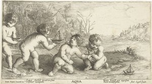 A gyerekek csónakkal játszanak Aqua (cím az objektumon) alkotó: Joseph Antoine Cochet