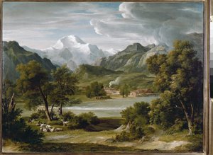 Lauterbrunnen-völgy Unterseen közelében, kilátással Jungfrau-ra (Svájc) (olaj, vászon, 1821 körül) alkotó: Joseph Anton Koch