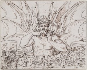 Lucifer a pokol közepén. Illusztráció Dante Alighieri Isteni színjátékához, 1803 körül.