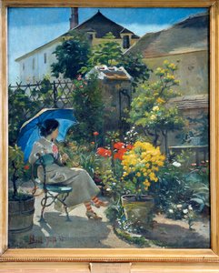 A kertben Egy fiatal nő esernyővel és virágokkal körülvéve. Bail József (1862-1921) festménye 20. század. Lyon, Szépművészeti Múzeum
