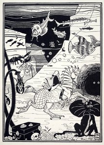 A Münchausen báró meglepő kalandjai című kocsmában sokféle magas, nemes fa volt, tele tengeri gyümölccsel, például homárral, rákkal, osztrigával. 1895 (metszet) alkotó: Joseph Benwell Clark