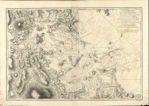 Boston kikötőjének sajátos diagramja, amelyen a szondák, a homokpadok, a sziklák, az amaien és más, a navigációban hasznos útmutatások láthatók. alkotó: Joseph Bernard; Des Barres Chabert