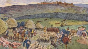 Bibracte, kovácsok által lakott város Galliában, menedékhely veszély idején (színes litho)